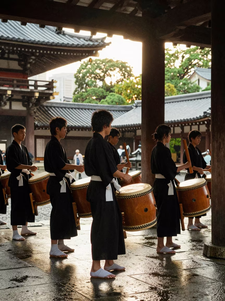 Taiko Drummers Silhouetted at Nara Shrine in in a shrine courtyard in Nara