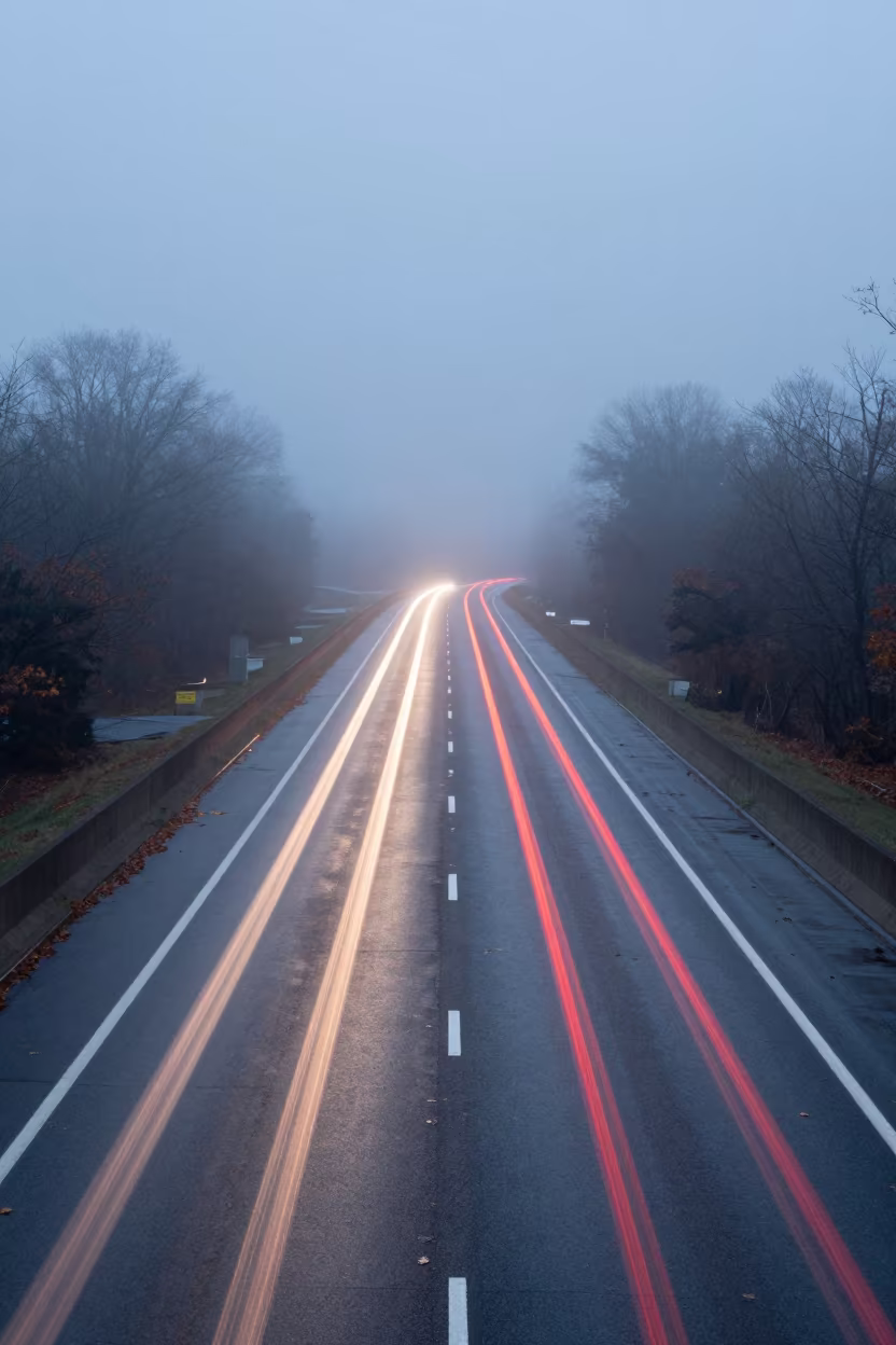 Tail Light Trails in Marine Fog Before Sunrise in through low marine fog near St Louis