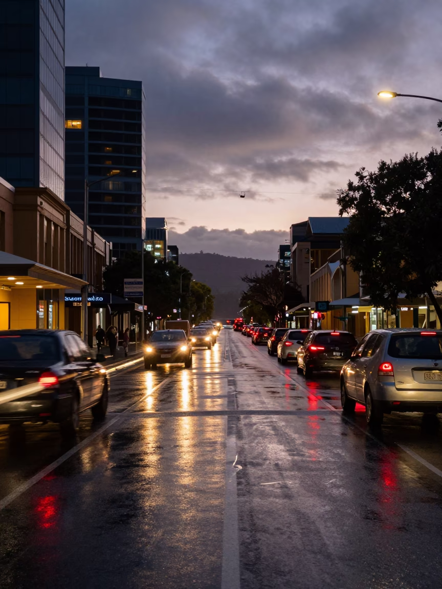 Tail Lights in Hobart at Twilight in in Hobart, Tasmania, Australia