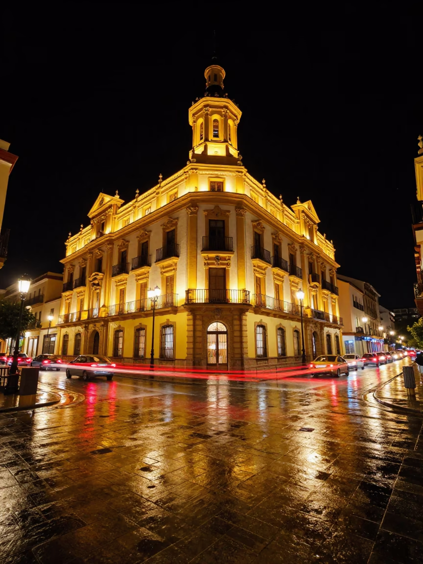Tail Lights in Seville at The Deepest Night Sky Light in in Seville, Spain