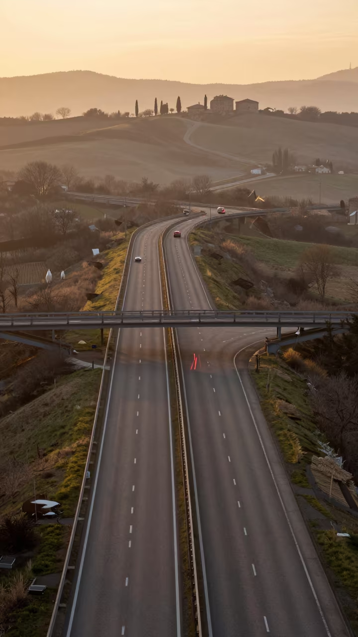 Taillight Streaks on Tuscan Dam Overpass at Sunset in along a dam spillway in Tuscany