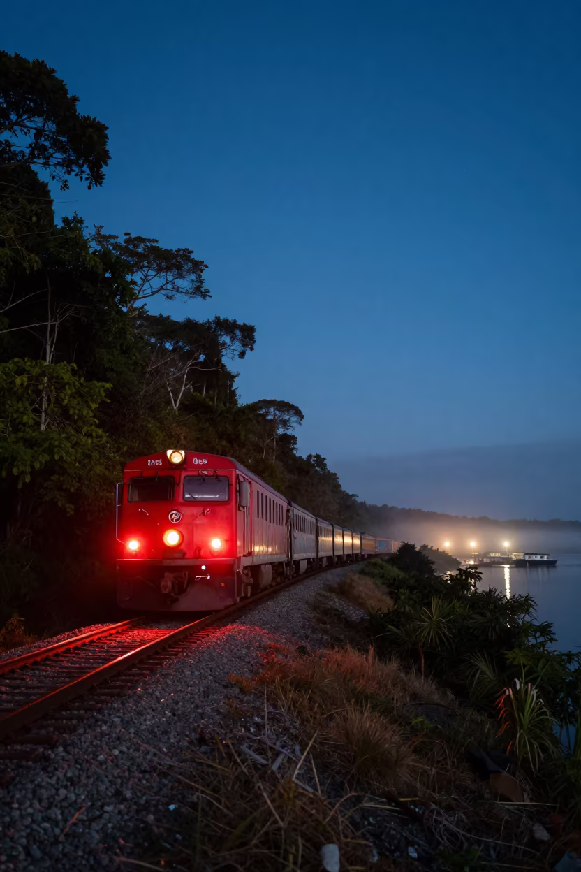 Taillights Along Amazon Forest Edge at Twilight in beside a lantern-dotted harbor in Amazonas
