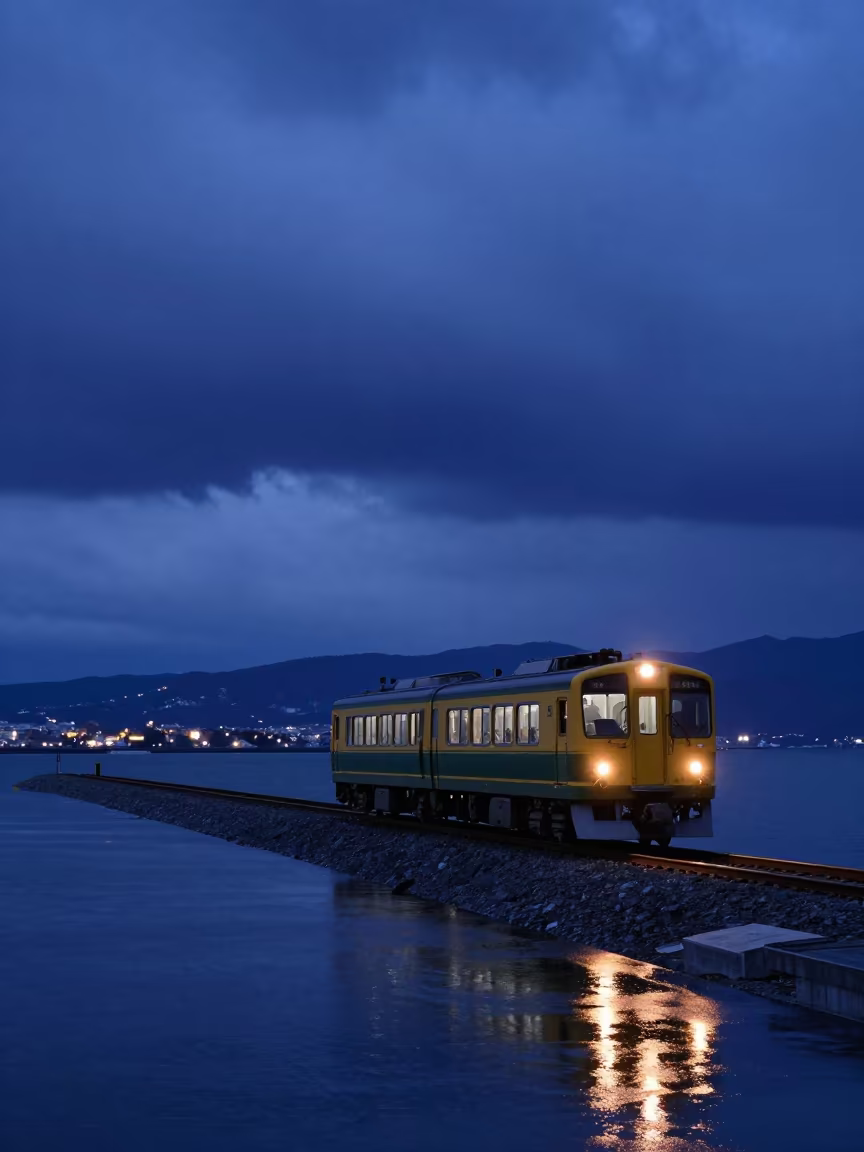 Taillights Glow on Hokkaido Storm Coast at Twilight in from a moonlit breakwater in Hokkaido