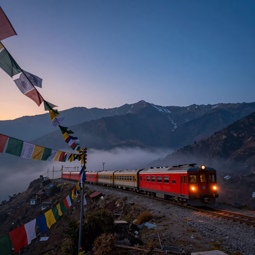 Taillights on Ridge Below Prayer Flags Kathmandu in on a wind-cut ridge below prayer flag lines near Kathmandu