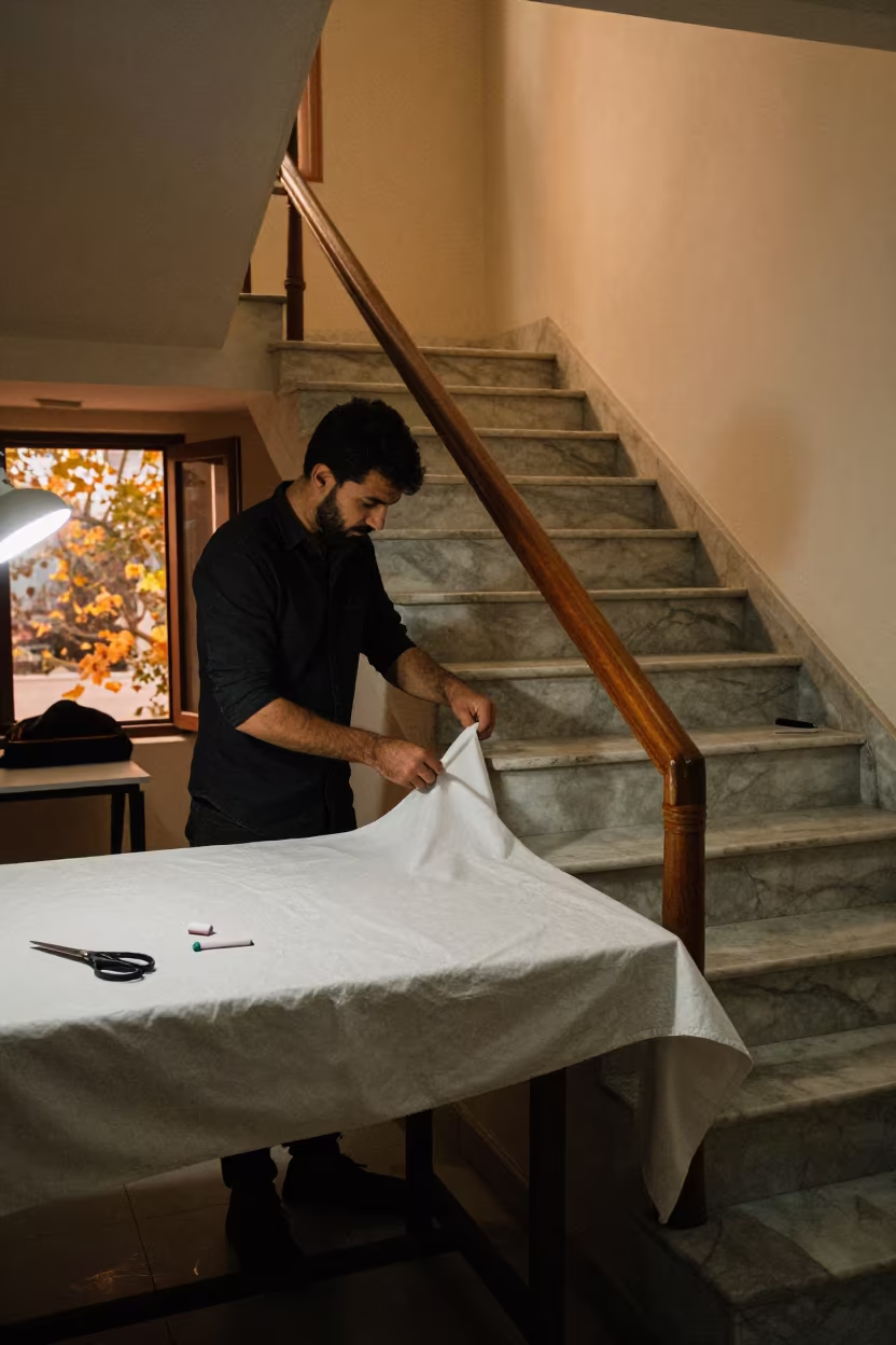 Tailor Adjusting Fabric Near Marble Stair in at a tailoring table strewn with chalk and shears in Helwan