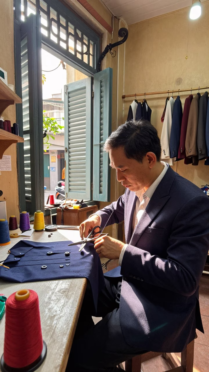 Tailor Adjusting Suit in Hanoi Workshop with Thread and Shears in in Hanoi, Vietnam