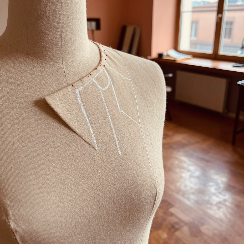 Tailor Basted Lapel Chalk Marks Copper Light in inside a couture atelier in Rize