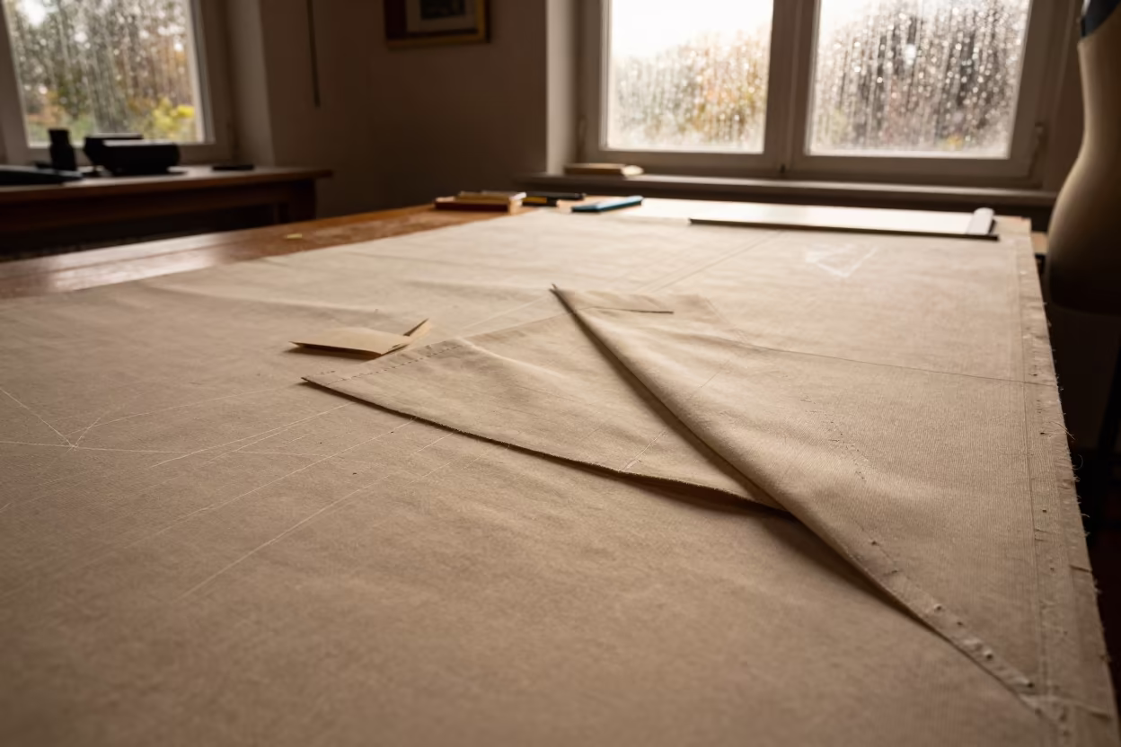 Tailor Basted Lapel Golden Hour Reno in inside a couture atelier in Reno