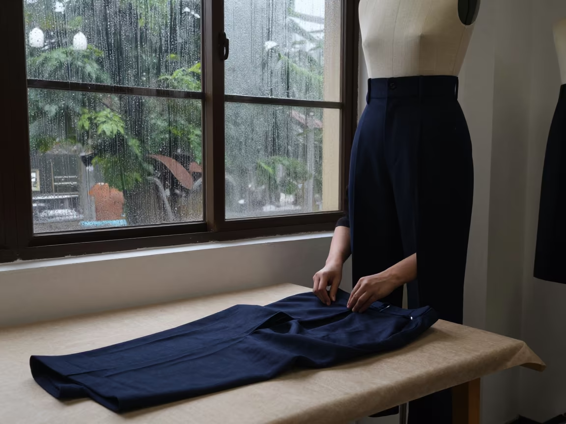 Tailor Basting Creases in Gandhinagar Atelier in inside a couture atelier in Gandhinagar
