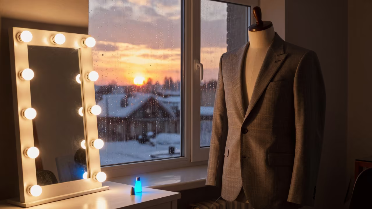 Tailor Basting Lapels Amber Sunset Glow in beside a mirror lined with makeup bulbs in Maykop