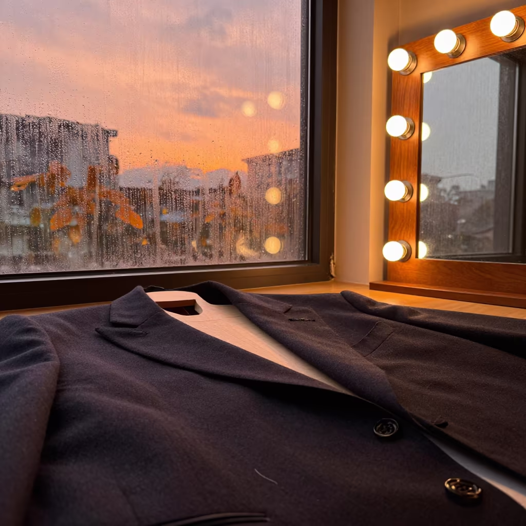 Tailor Basting Lapels in Amber Sunset Light in beside a mirror lined with makeup bulbs in Xian