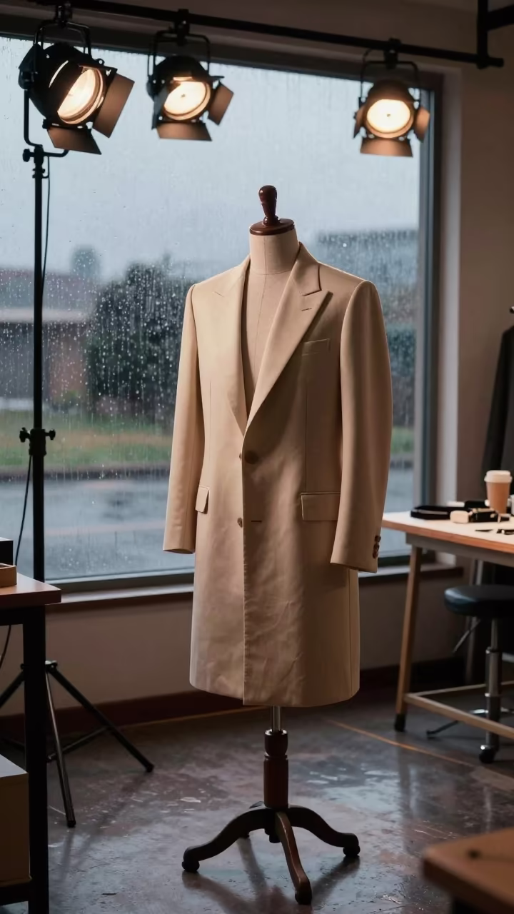 Tailor Basting Lapels in Copper Light in under runway rehearsal lights near Gqeberha