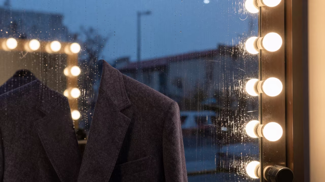 Tailor Basting Lapels Near Neon Window Tianjin in beside a mirror lined with makeup bulbs near Tianjin