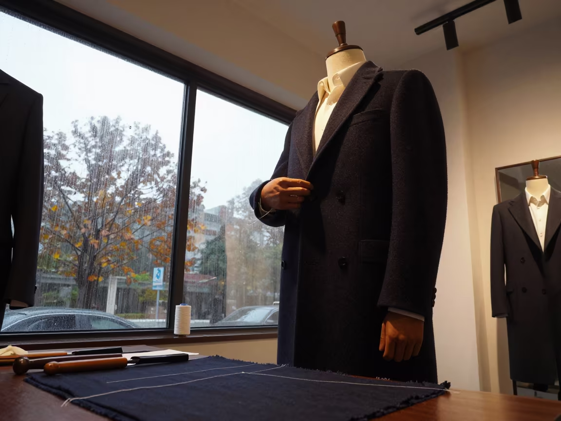Tailor Basting Lapels by Rainy Window in inside a minimalist showroom near Zhengzhou