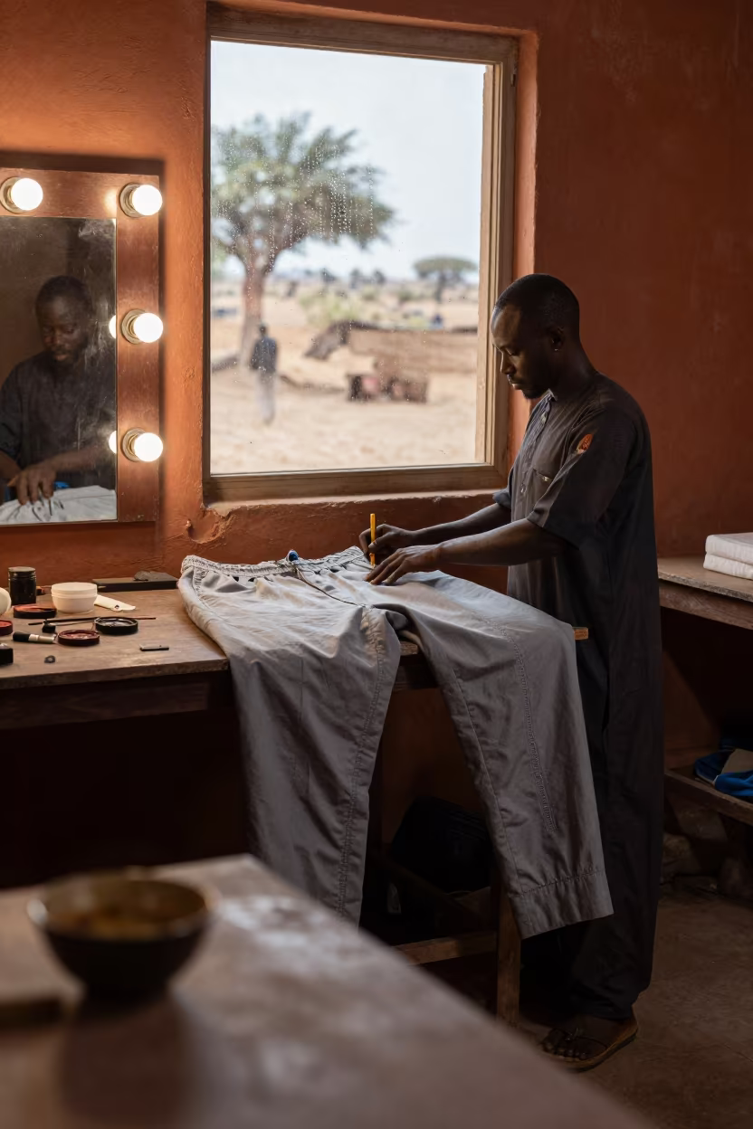 Tailor Basting Trousers in Al Qadarif Atelier in beside a mirror lined with makeup bulbs near Al Qadarif
