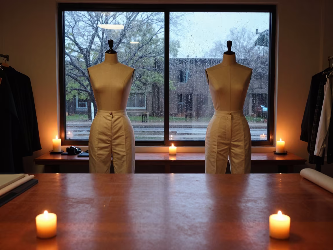 Tailor Basting Trousers in Copper Light in under runway rehearsal lights in North Loop, Austin