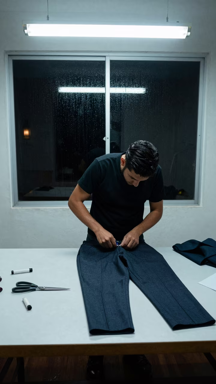 Tailor Basting Trousers Midnight Santa Cruz in at a tailoring table strewn with chalk and shears in Santa Cruz de la Sierra