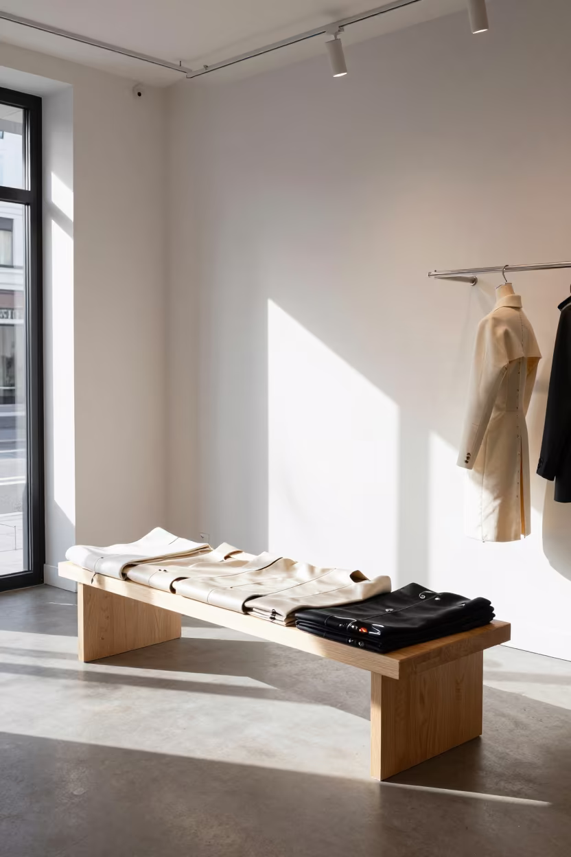 Tailor Bench with Basted Waistcoats in Montreal Showroom in inside a minimalist showroom in Montreal