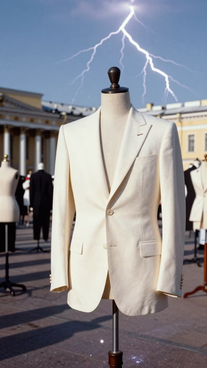 Tailor Buttons Jacket Frozen Lightning Sky in inside a couture atelier near St Petersburg