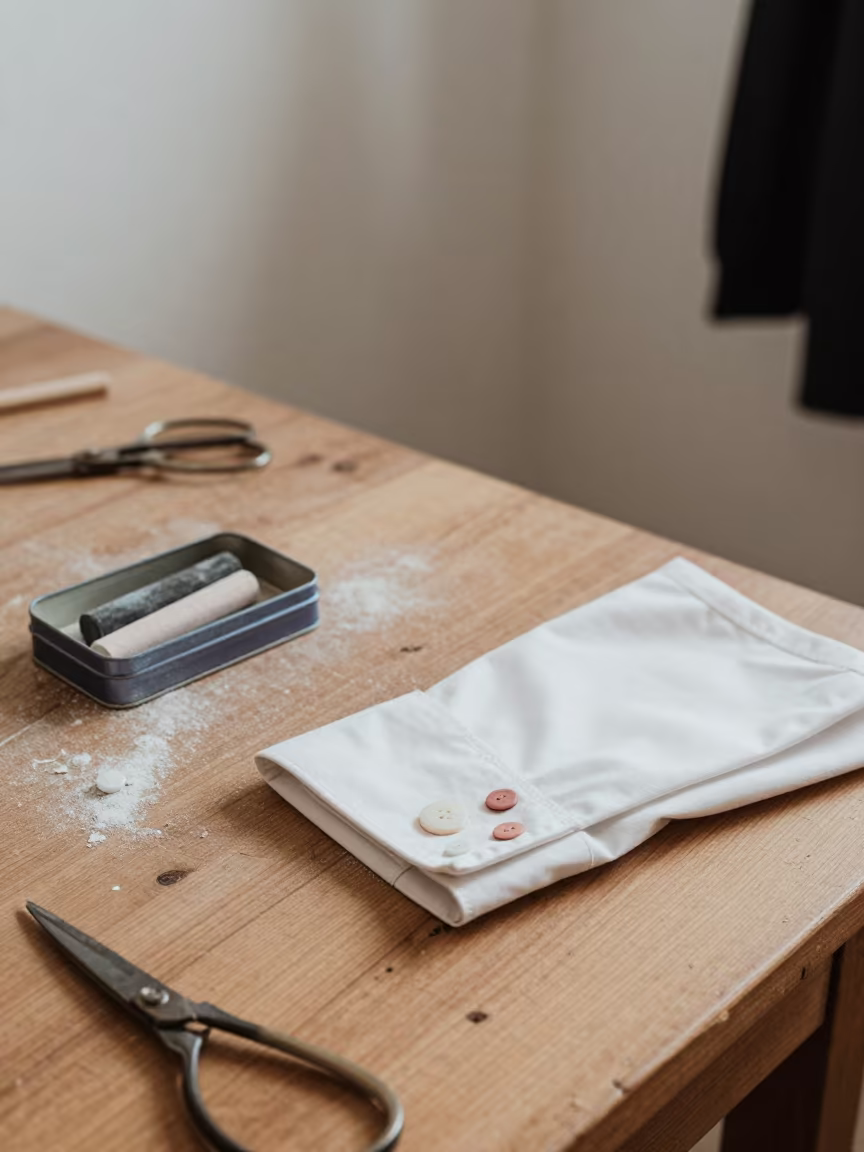 Tailor Chalk and Horn Buttons on Faiyum Table in at a tailoring table strewn with chalk and shears near Faiyum