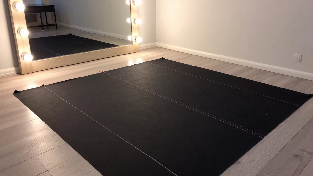 Tailor Chalk Lines on Dark Wool Near Mirror in beside a mirror lined with makeup bulbs in Kruununhaka, Helsinki