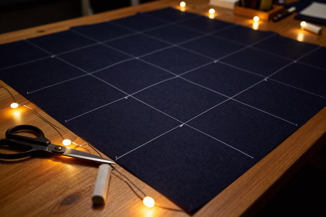 Tailor Chalk Lines on Dark Wool at Night in at a tailoring table strewn with chalk and shears in Safi