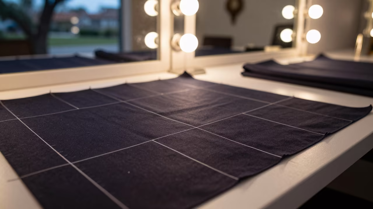 Tailor chalk lines on dark wool in Trujillo mirror in beside a mirror lined with makeup bulbs in Trujillo