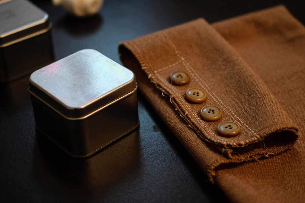 Tailor Chalk Tin and Horn Buttons in Neon Light in inside a minimalist showroom in Hobart