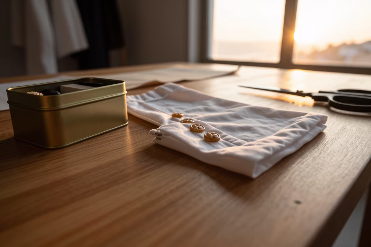 Tailor Chalk Tin Horn Buttons Porto in at a tailoring table strewn with chalk and shears in Porto