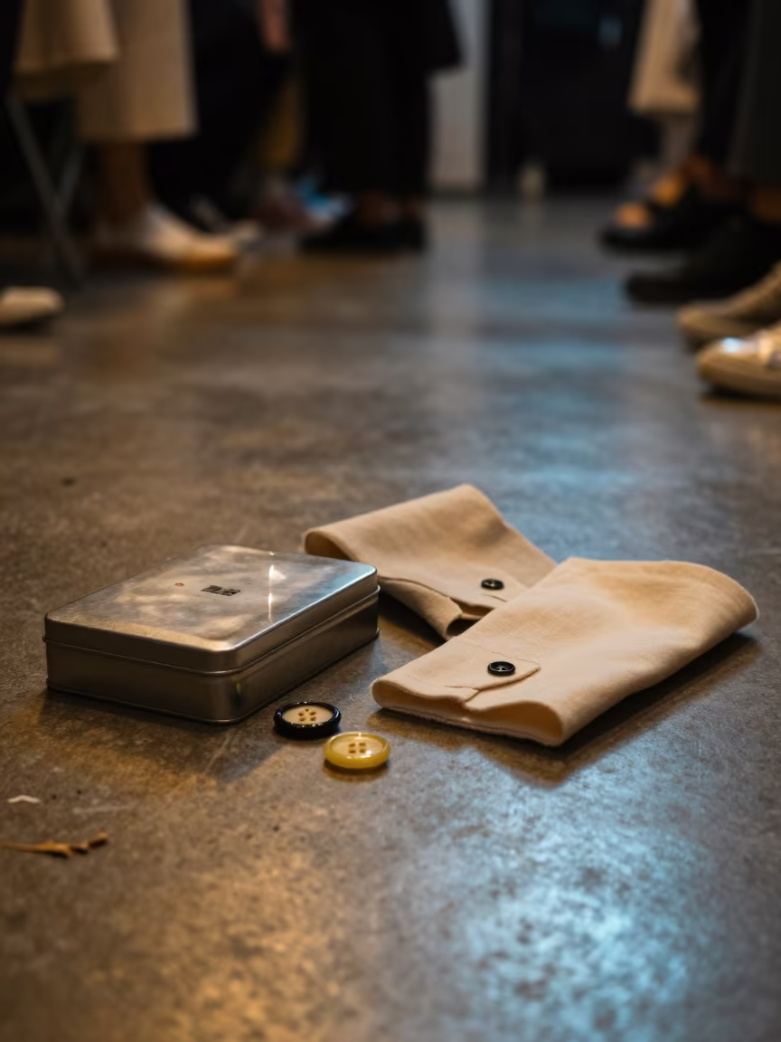 Tailor Chalk Tin and Horn Buttons on Runway Floor in under runway rehearsal lights in Istanbul