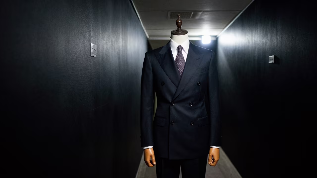 Tailor Chalking Dark Wool Lapel Night in in a backstage changing corridor in Makhachkala