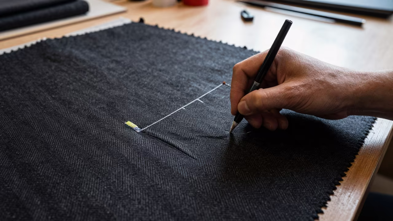 Tailor Chalking Herringbone Pocket in Amasya Atelier in inside a couture atelier in Amasya