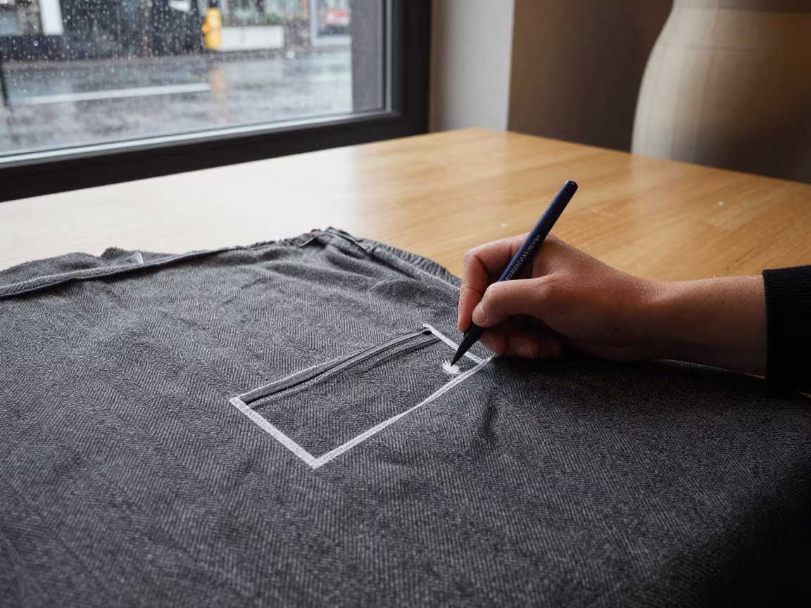 Tailor Chalking Herringbone Pocket Placement in inside a couture atelier near Basel