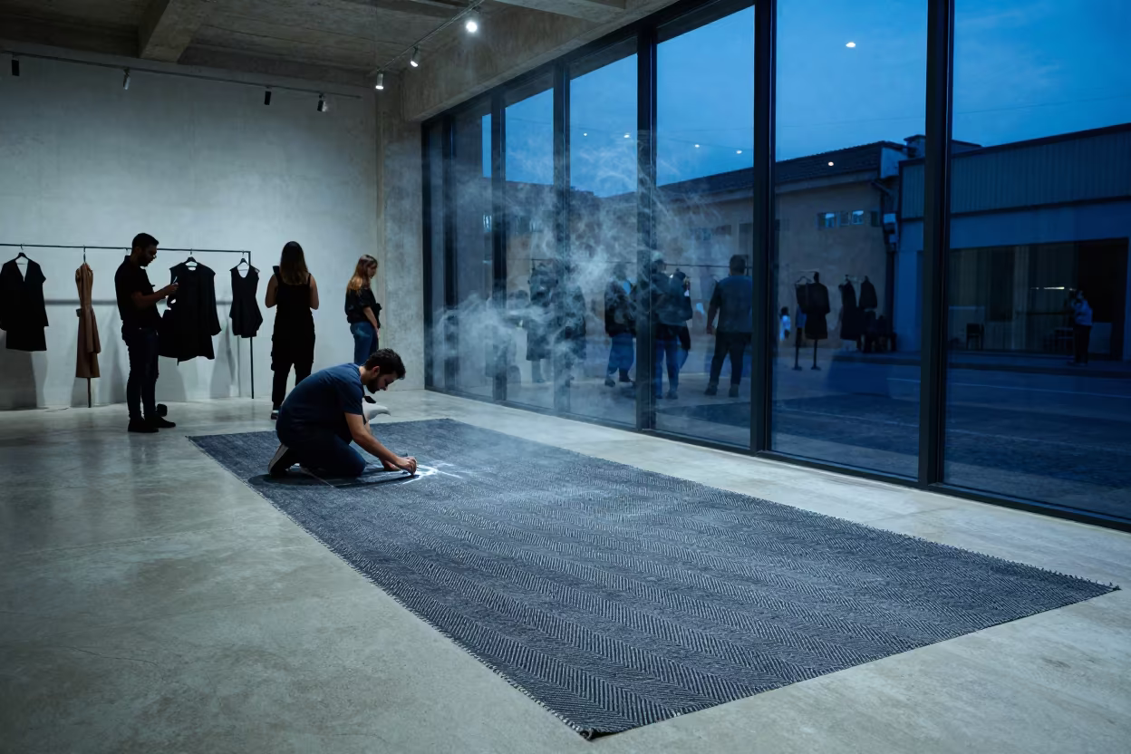 Tailor Chalking Pocket on Herringbone in Algiers in inside a minimalist showroom in Algiers