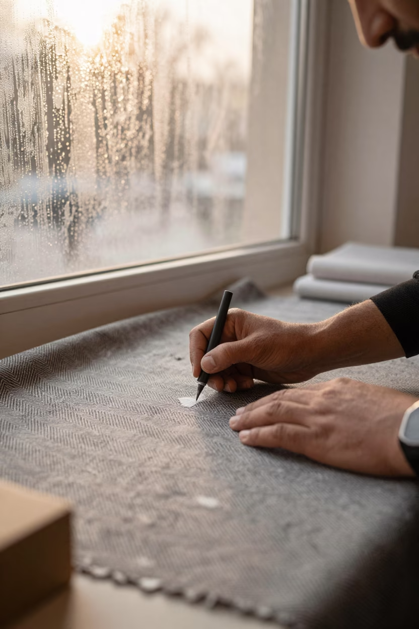 Tailor Chalking Pocket Placement on Herringbone in inside a minimalist showroom in Ghazni