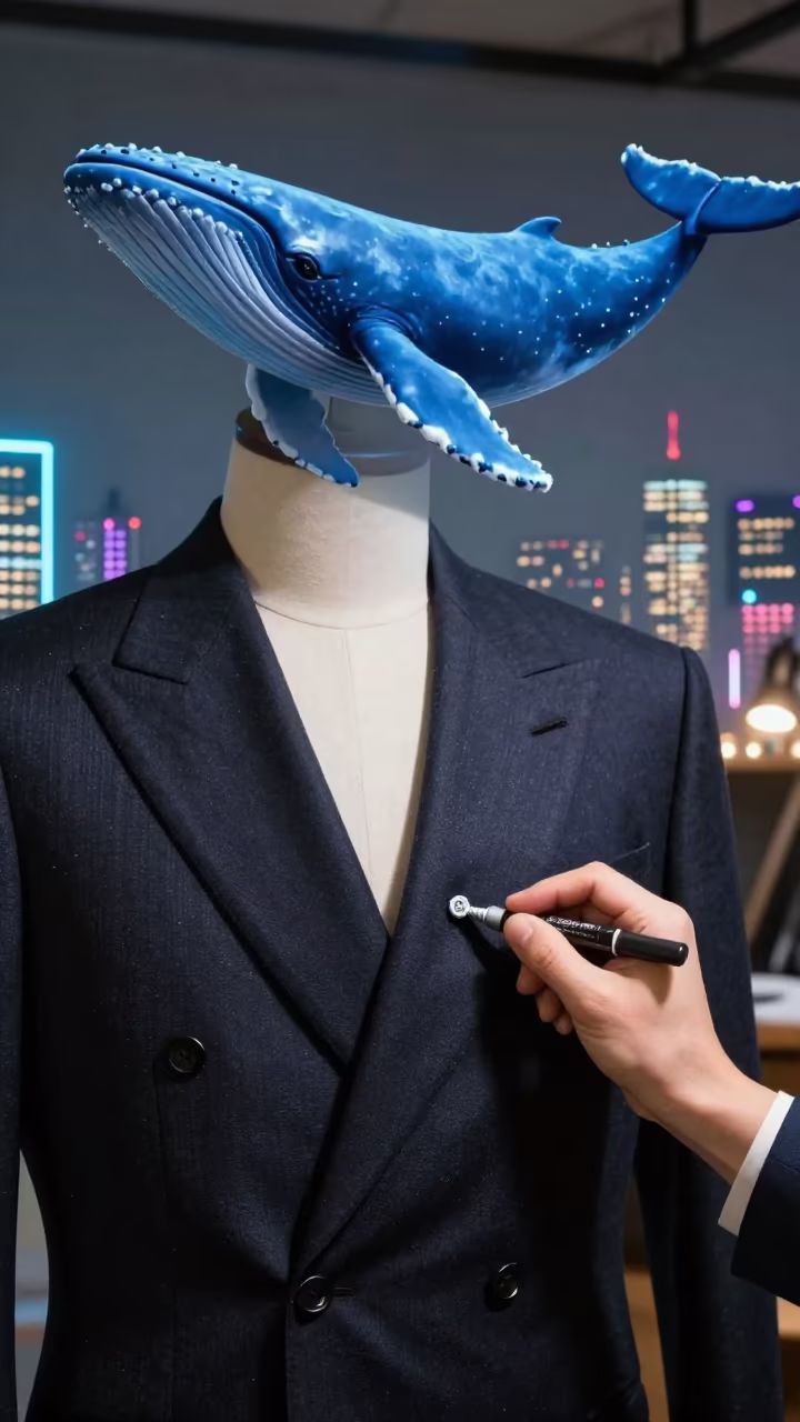 Tailor Chalking Wool Under Whale Shadow in under runway rehearsal lights in Sendai