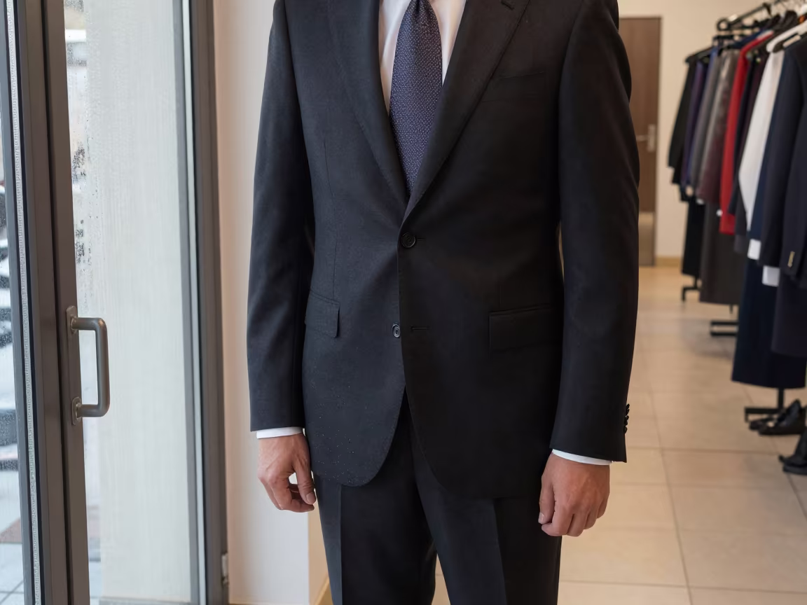 Tailor Chalks Dark Wool Lapel in Dawn Light in in a backstage changing corridor in Antalya