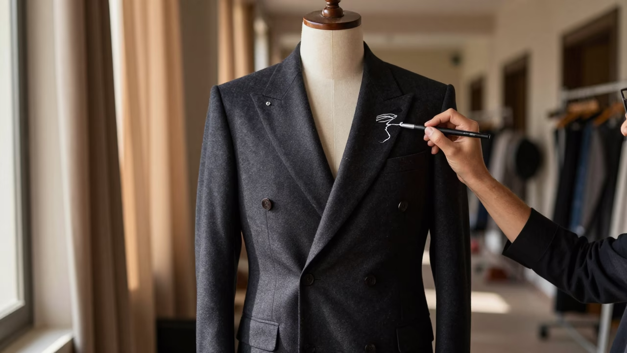 Tailor Chalks Double Breasted Lapel in Midsummer Light in in a backstage changing corridor near Ar Ramtha