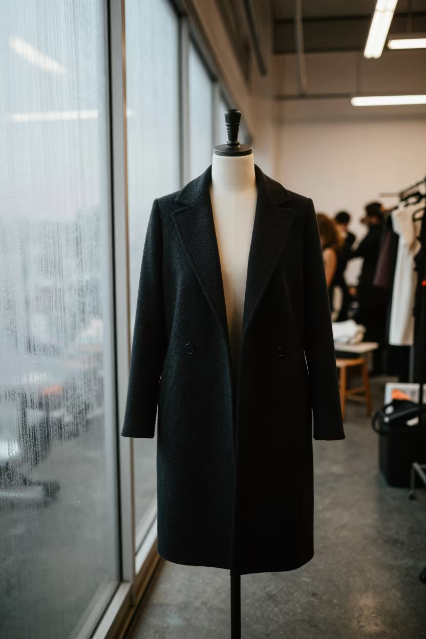 Tailor Draping Coat on Form in Panama Corridor in in a backstage changing corridor in Panama City