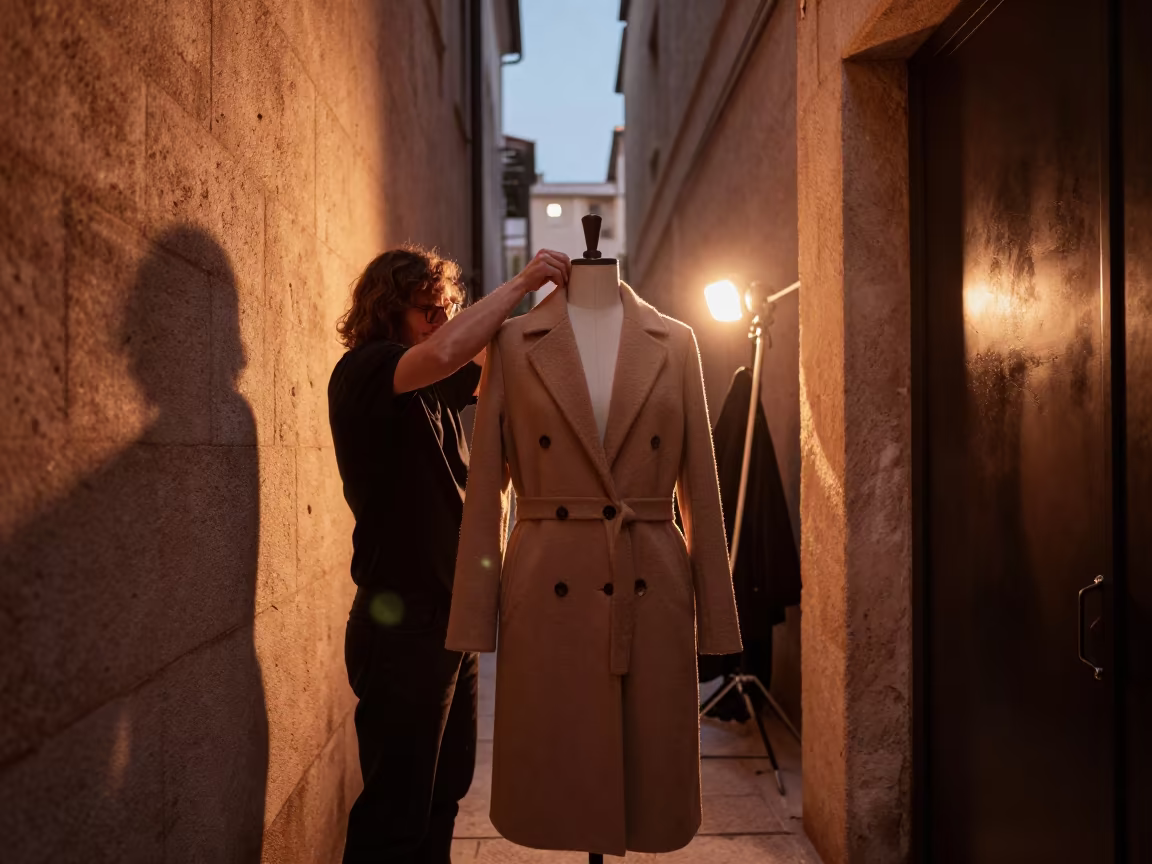 Tailor Draping Coat on Form in Sintra Corridor in in a backstage changing corridor in Sintra