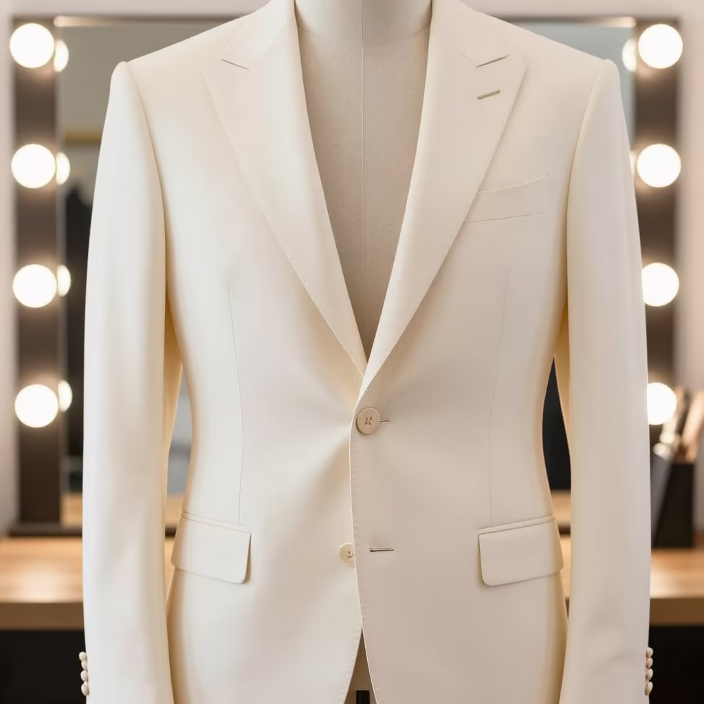 Tailor Fastening Basted Buttons on Cream Jacket in beside a mirror lined with makeup bulbs in Leeds