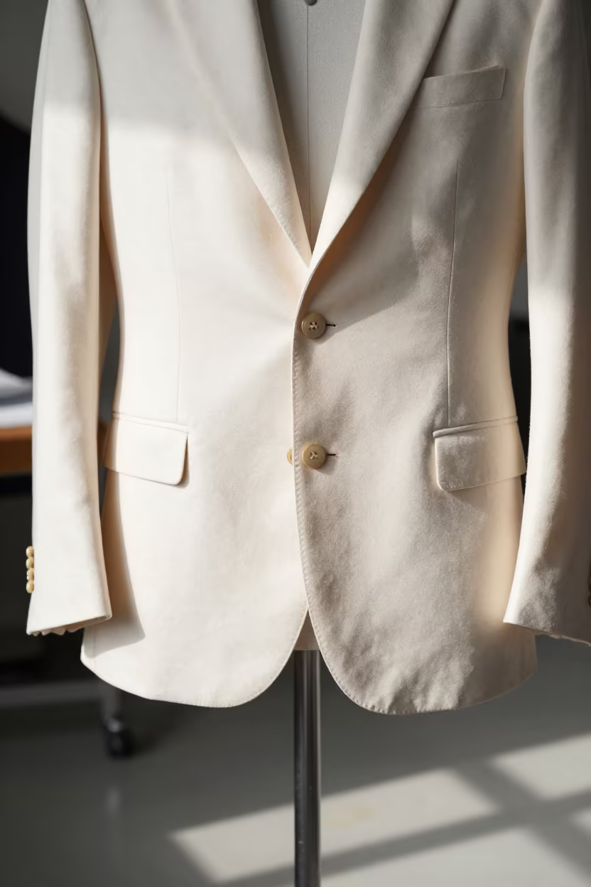 Tailor Fastening Basted Buttons on Jacket in inside a couture atelier near Jaranwala