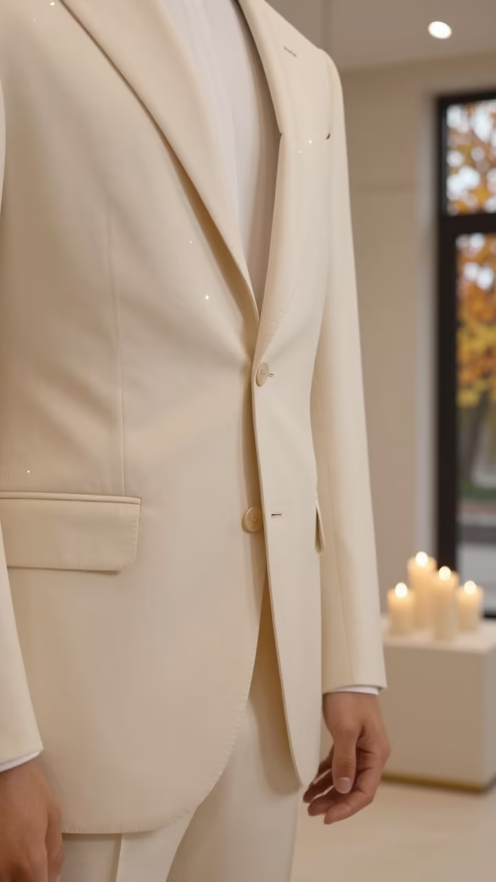 Tailor Fastening Basted Buttons on Jacket in inside a minimalist showroom in Misrata