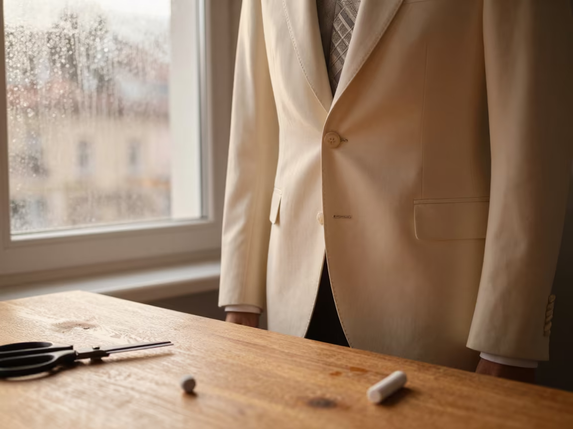 Tailor Fastening Buttons on Cream Jacket in Bamberg in at a tailoring table strewn with chalk and shears in Bamberg