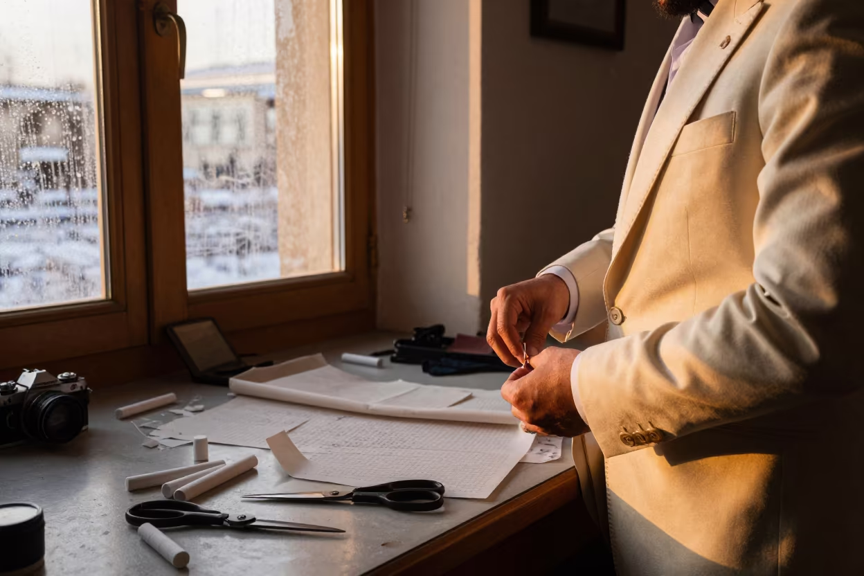 Tailor Fastens Basted Buttons in Isfahan Amber Light in at a tailoring table strewn with chalk and shears in Isfahan