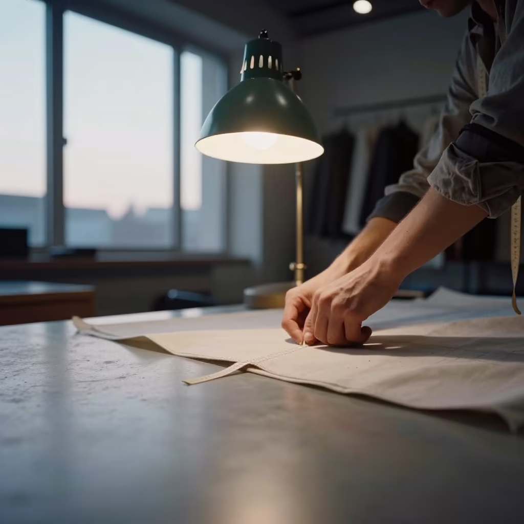 Tailor Finishing Sleeve Placket at Dawn in inside a minimalist showroom near Ankara