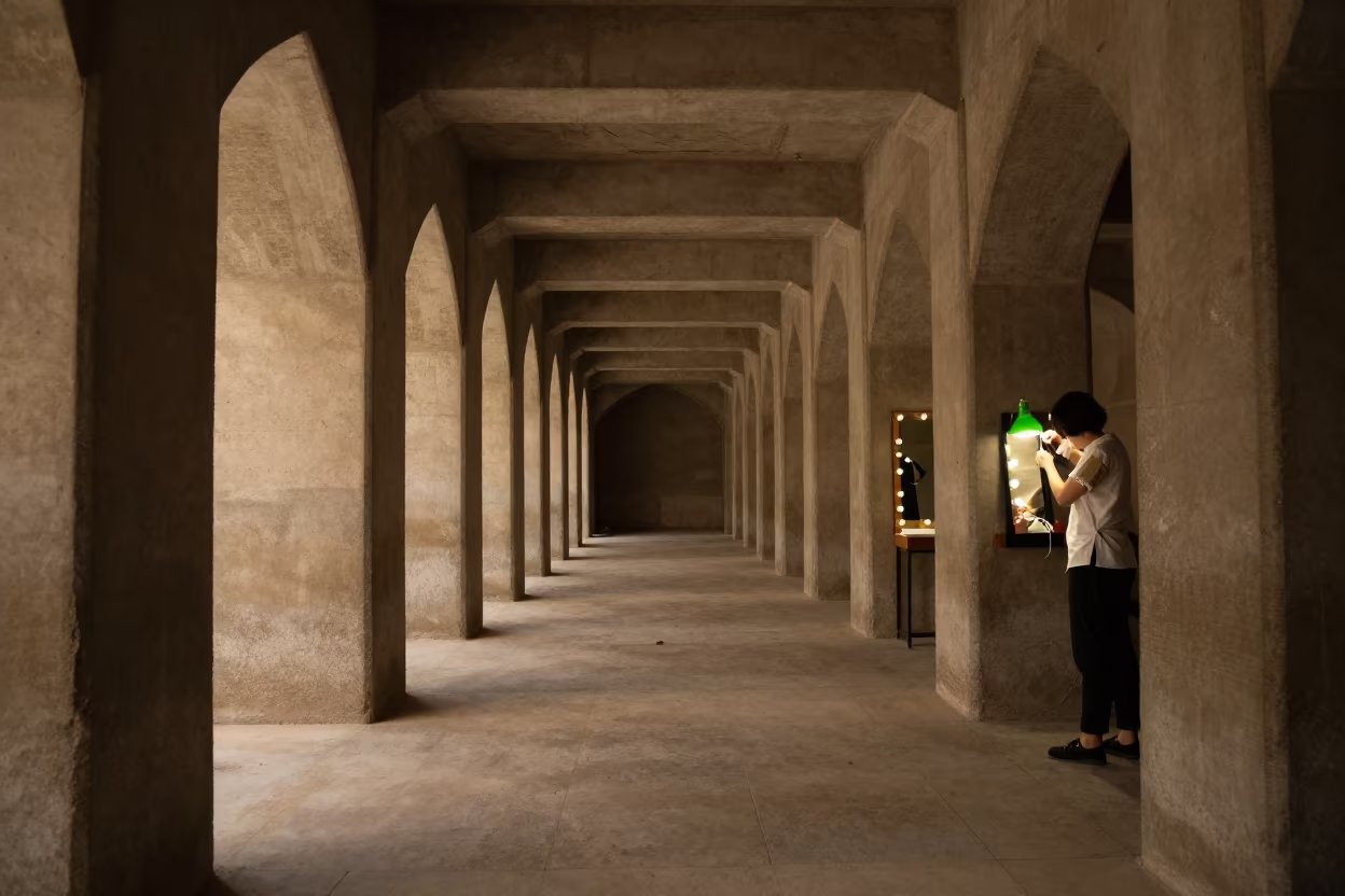 Tailor Finishing Sleeve Placket Under Green Lamp in beside a mirror lined with makeup bulbs in Jizzakh