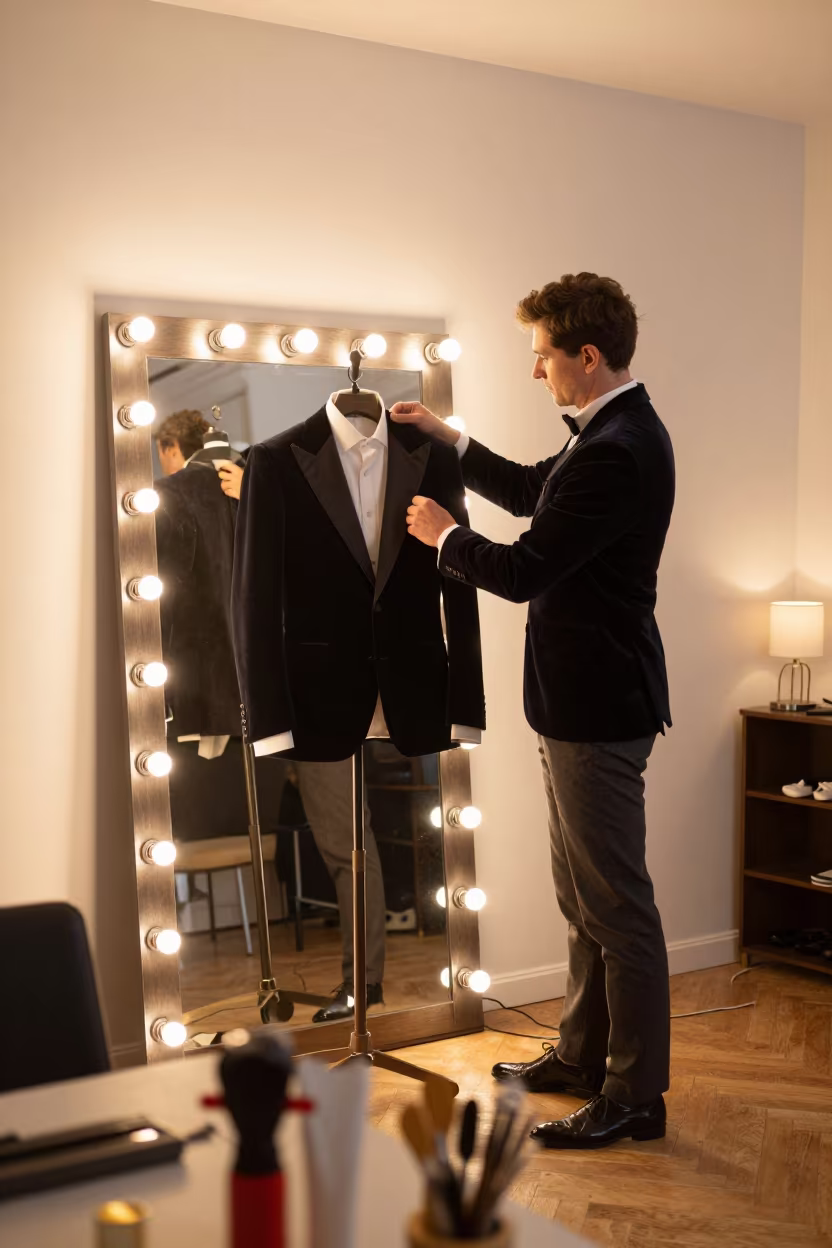 Tailor Fits Velvet Jacket Beijing Mirror Light in beside a mirror lined with makeup bulbs in Beijing