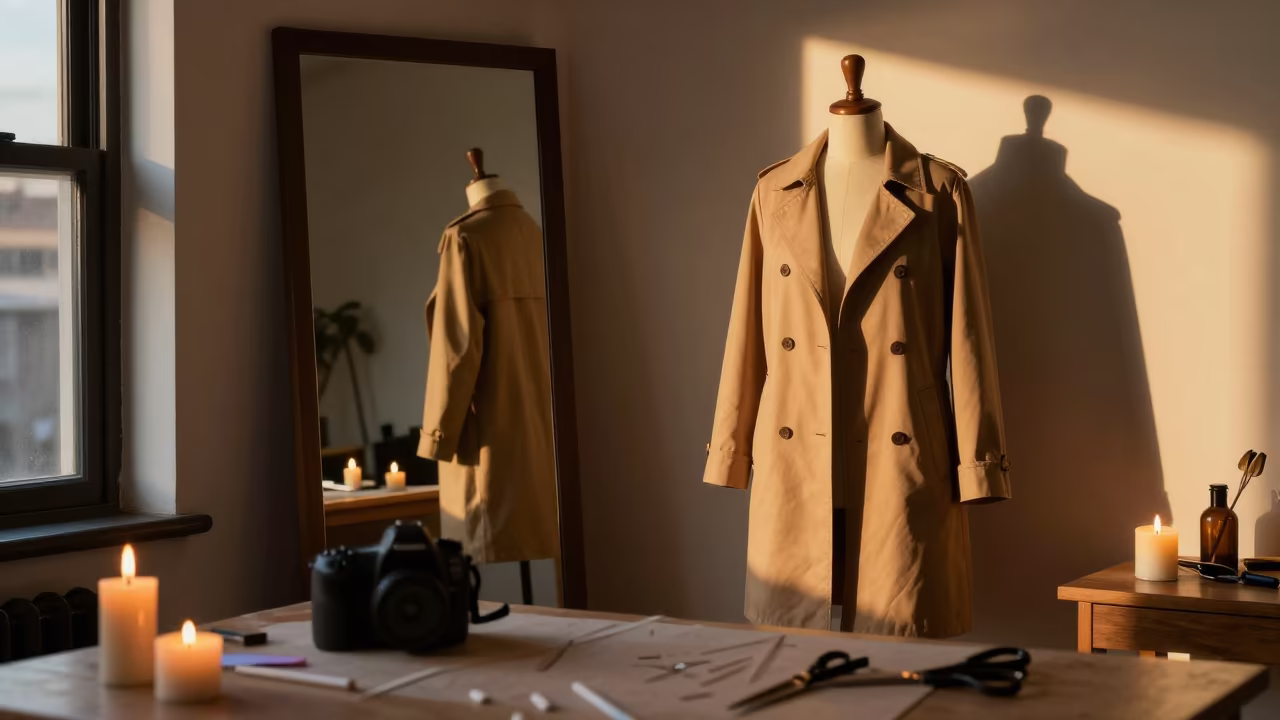 Tailor Fitting Coat on Dress Form Near Mirror in at a tailoring table strewn with chalk and shears near Arts on Main, Johannesburg