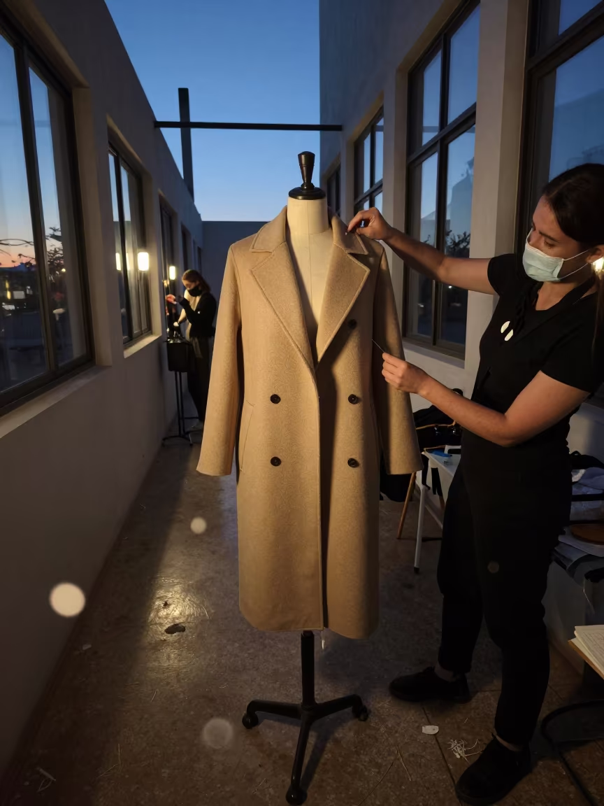Tailor Fitting Coat on Dress Form in Twilight Corridor in in a backstage changing corridor near Bailundo